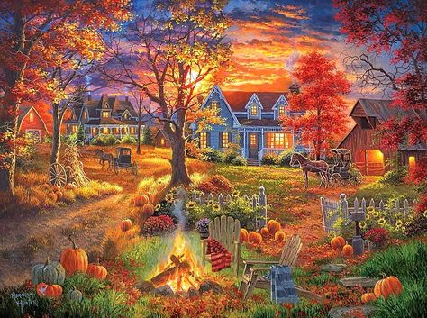 Autumn Village, colorful, villages, fall season, autumn, houses, love four seasons, campfire, attractions in dreams, horse carriages, paintings, sunsets, garden, nature, pumpkins, HD wallpaper Autumn Village, Village Painting, Dmc Cross Stitch, Countryside Landscape, Autumn Lights, Z Arts, Puzzle Design, Cross Stitch Fabric, 1000 Piece Jigsaw Puzzles