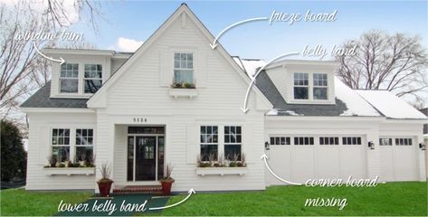 Week 26: Siding | Coastal Hues House Trim, House Exteriors, Farmhouse Exterior, House Paint Exterior, Belly Band, Belly Bands, House Painting, Awning, House Exterior