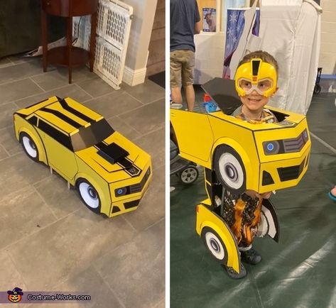 Brenda: My husband made this costume for our son! He printed it on foam board, cut the pieces out and glued it all together. Our son is thrilled to be Bumblebee... Unique Diy Costumes, Bumblebee Costume, Costume Unique, Homemade Costume, Costume Works, Halloween Costume Contest, Costume Diy, Costume Contest, Boy Costumes