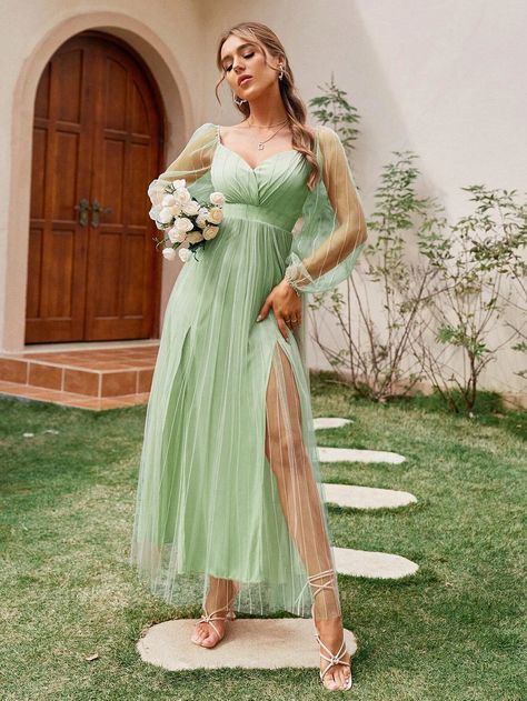 Simplee Lantern Sleeve Split Thigh Mesh Dress | SHEIN USA Js Prom Dress, Vestidos Color Pastel, Green Dress Outfit, Teal Bridesmaid Dresses, Light Green Dress, Mint Green Dress, Mint Dress, Lantern Sleeve Dress, Sweet 16 Dresses