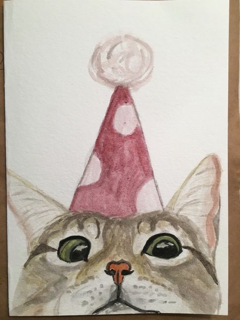 Holiday Card Drawing Ideas, Sister Birthday Card Watercolor, Watercolor Paintings For Birthday Cards, Birthday Acrylic Painting Ideas, Birthday Card Ideas Diy Easy, Cat Birthday Card Watercolor, Cat Card Ideas Birthday, Drawing Ideas For Birthday Gift, Cat Drawing Birthday Card