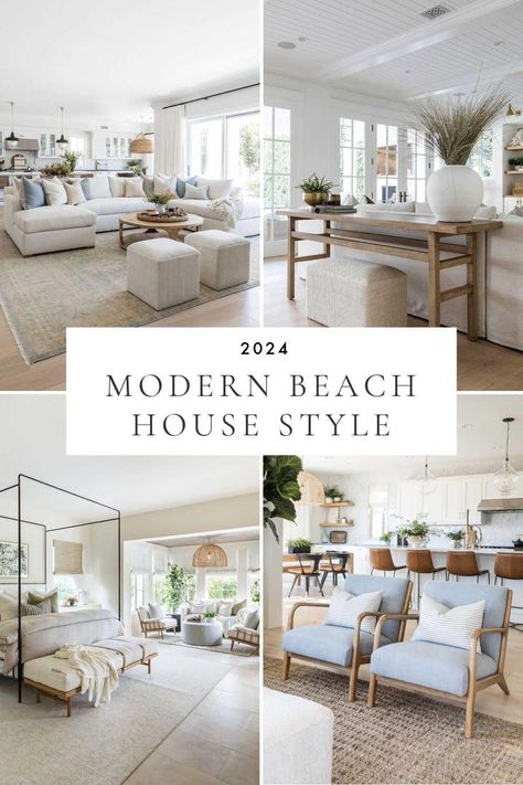 Beautiful beach house style decorating ideas to bring a touch of modern organic coastal style to your living room, bedroom, kitchen and home in 2024 - organic modern living room ideas - coastal living rooms - beach themed home inspo - modern cozy bedroom neutral Beach Style Home Interior, Modern California Farmhouse, Beach Apt Ideas, Australian Beach House Coastal Style, Modern Beach House Fireplace, Florida Beach House Interior, Minimalist Beach House Interior Design, Sophisticated Beach House, Coastal Home Inspiration