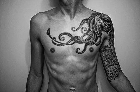 Octopus chest and sleeve tattoo                                                                                                                                                      More Tentacle Tattoo, Octopus Tattoo Sleeve, Kraken Tattoo, Squid Tattoo, Gallery Tattoo, Tattoo Chest, Octopus Tattoo Design, Octopus Tattoos, Wild Tattoo