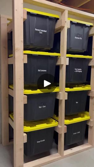 It’s a viral hack for a reason!   I’ve been wanting to build one of these since I first saw it done months ago. It was even easier to build than I expected!   I can now access each bin without having to completely unpack our storage room! 🙌🏼     The best part?! I made a set of plans that take the guess work out of it for you!   https://stan.store/Simplyalignedhome/p/get-my-building-plans-now | Simply Aligned Home | Ryan Bingham · The Poet Storage Bin Shelves, Bin Rack, Black Bin, Garage Workshop Plans, Workshop Plans, Tote Organization, Garage Shelving, Diy Ceiling, Plastic Bins