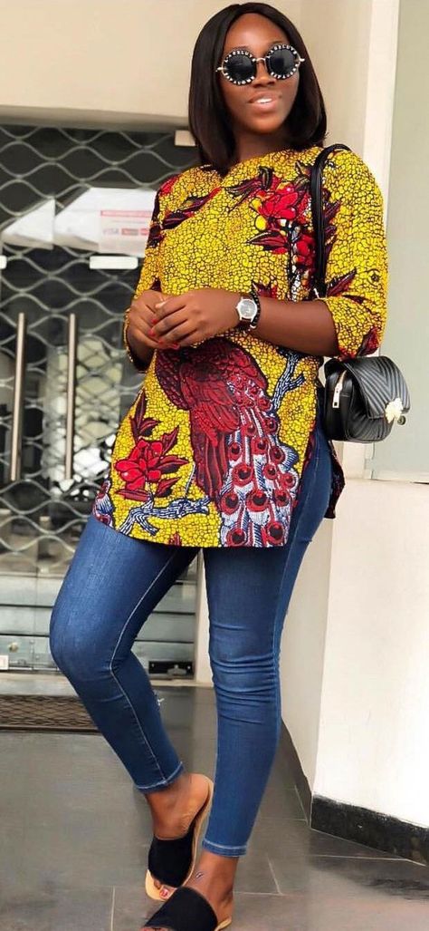 Best Ankara Top Styles  To Slay With Your Jeans In 2020|African Print Tops Paired With  Pants – OCB African Print Tops With Jeans, Ankara Tops With Jeans, Ankara Top Styles, African Tops For Women, African Print Top, Ankara Blouse, African Blouses, Trendy Ankara Styles, Ankara Tops