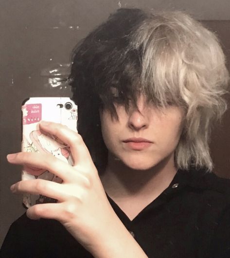 fluffy hair grown out mullet wolf cut alternative altboy tiktok curly hairstyle boy guy emo mall goth grunge Half Bleached Hair Men, Split Hairstyles, Split Dyed Hair Boy, Mullet Wavy Hair, Scary Pfps, Emo Pfp Aesthetic, Bleached Hair Men, Boy Hairstyle, Blonde Hair Boy