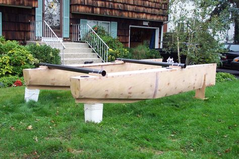 lovely stitch & glue catamaran with an unusual sail layout. Wood Boat Building, Sailboat Plans, Free Boat Plans, Wood Boat Plans, Plywood Boat Plans, Airplane Crafts, Make A Boat, Wooden Sailboat, Wooden Boat Building