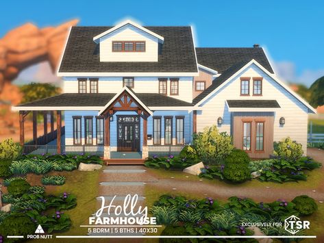 The Sims Resource - Holly Farmhouse Sims 4 Houses Farmhouse, Sims4 Farmhouse, Modern Farmhouse Sims 4, Sims 4 Cc Farmhouse, Sims 4 Farmhouse, White Modern Farmhouse, Sims House Design, Farmhouse House, Horse Ranch