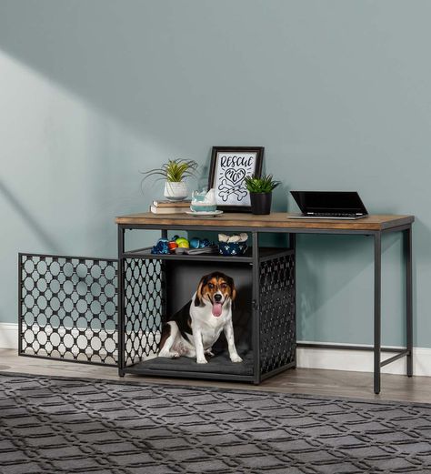 This unique and handsome Bosco Wood and Metal Desk combines the convenience of a fits-anywhere work station with a cozy space for your pet to hang out in while you work. It features a perfectly-sized space for your pet to rest and comes with a gray fabric fitted crate pad with foam insert for extra comfort. The door props open for easy access and latches closed. The decorative metal chain link pattern features a black finish with silver accents, complemented by a simple brown wood work Desk With Dog Crate Under, Dog Crate Desk Home Office, Dog Crate Desk, Ikea Malm Desk, Crate Desk, Wood And Metal Desk, Double Dog Crate, Dog Crate Table, Crate End Tables