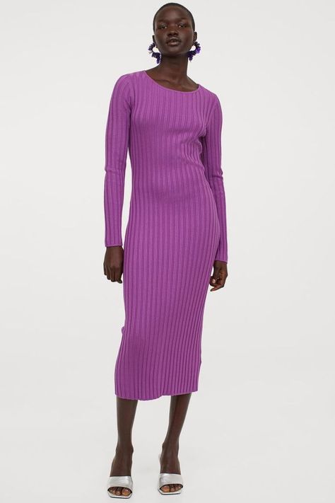 H&M Rib-Knit Dress October Outfits, Cozy Sweater Dress, Wrap Sweater Dress, Purple Lady, Sweater Maxi Dress, Calf Length Dress, Comfortable Sweater, Ribbed Knit Dress, Turtle Neck Dress