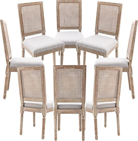 Amazon.com - Guyou Farmhouse Dining Chairs Set of 2, Upholstered Dining Room Chairs with Rattan Back French Country Accent Chair Side Chairs with Distressed Wood Frame for Kitchen Living Room (Grey) - Chairs French Country Dining Room Chairs, Frame For Kitchen, Upholstered Dining Room Chairs, French Country Dining Chairs, French Country Dining Room, French Dining Chairs, Dining Room Chairs Upholstered, Farmhouse Chairs, Country Dining Rooms