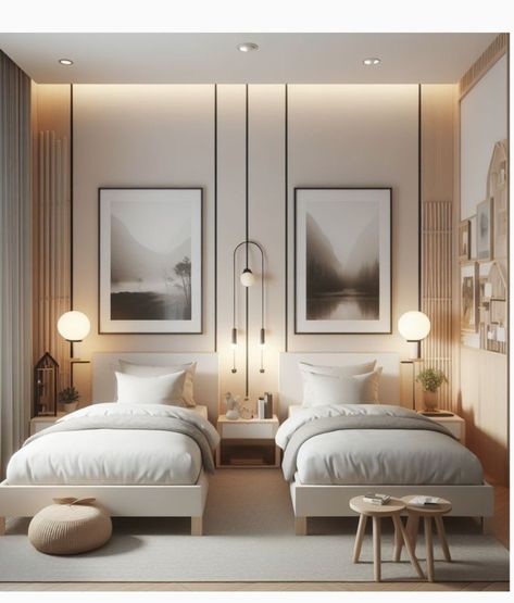 Twin Bedroom Design Ideas, Small Twin Room Ideas, Small Twin Bedroom Ideas, Twins Room Ideas, Modern Twin Bedroom, Twin Room Ideas, Twin Bedroom Design, Simple Guest Bedroom Ideas, Twin Bedroom Ideas