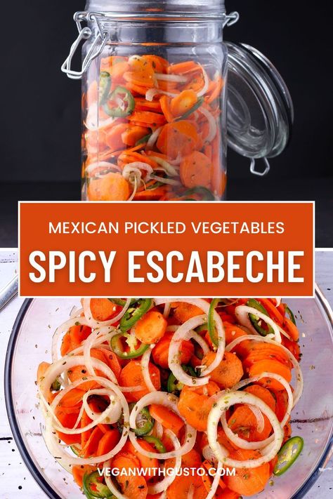 Spicy escabeche is an easy recipe to quick pickle carrots, jalapeno peppers, and onions for zesty pickled Mexican vegetables. Spicy pickled veggies make a delicious condiment perfect for tacos, bowls, wraps and more! Learn how to make escabeche using common pantry ingredients for an easy Mexican recipe that can be made ahead and lasts for at least a week. If you’re looking for easy recipes that add nutritious veggies and sparkling flavor this is a must-try! Japanese Pickled Vegetables Recipes, Mexican Pickled Jalapeños And Carrots, Mexican Pickled Cabbage, Pickled Cabbage For Tacos, Pickled Serrano Peppers Recipe, Mexican Pickles, Taco Pickles, Spicy Pickles Recipe, Mexican Pickled Vegetables