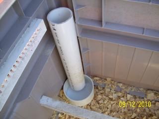 Cheap auto-feeder. $5  piece of three or four inch pvc pipe what ever length you need  cut about a two inch notch out of the end  put two screws in the pipe with the notch facing forward through the 5 inch sewer cap Homemade Chicken Feeder, Pvc Chicken Feeder, Rabbit Feeder, Chicken Feeders, Chicken Feeder, Diy Chicken, Backyard Chicken Coops, Cat Feeder, Diy Chicken Coop