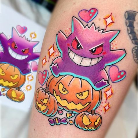 Halloween Gengar, Husband Wife Tattoos, Gengar Tattoo, Nintendo Tattoo, Pastel Tattoo, Character Tattoos, Wife Tattoo, Gamer Tattoos, Bright Tattoos