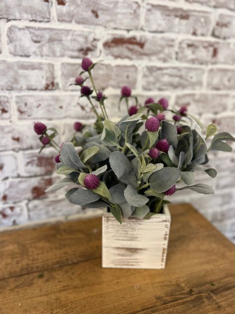 Spring Arrangement, Lambs ear white distress box arrangement, Table deco, Summer Flower box, Home deco, Centerpiece, Floral arrangements, Lambs Ear Garland With Flowers, Lambs Ear And Cotton Arrangement, Lavender And Lambs Ear, Wooden Box Centerpiece Farmhouse, Small Purple Floral Arrangements, Spring Arrangements, Lambs Ear, Artificial Flower Arrangements, Summer Floral