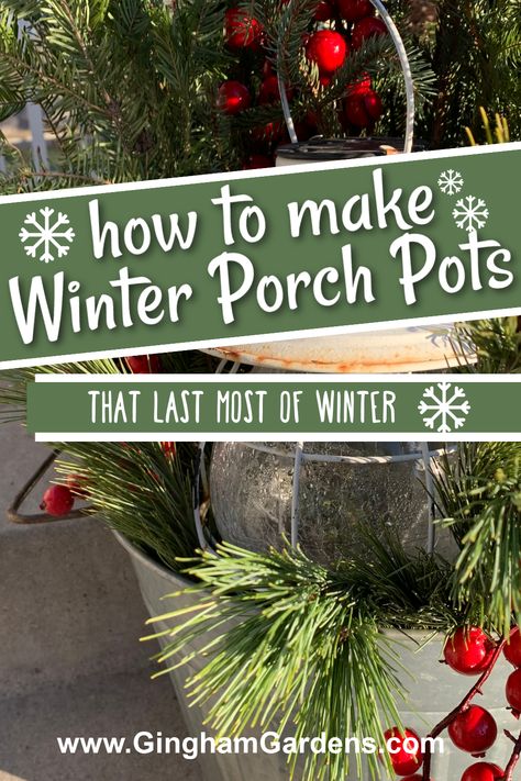 Pine Porch Pots, Christmas Pot Decorations Outdoor, How To Make A Winter Planter, Outdoor Christmas Floral Arrangements, Diy Winter Porch Pots, Diy Christmas Pots Outside, How To Make Outdoor Christmas Planters, Outdoor Christmas Pots Planters Diy, Faux Christmas Planters