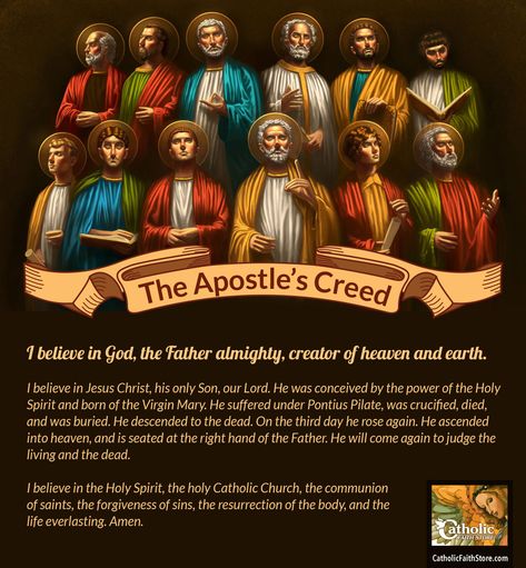 The word creed comes from the Latin word credo, meaning to believe, trust, entrust. Much like The Nicene Creed, The Apostles’ Creed, states the main tenets of the Catholic faith and all that we as followers of Jesus believe. Nicene Creed Catholic, Apostle's Creed, Praying The Rosary Catholic, 12 Disciples, Nicene Creed, Catholic Theology, Pontius Pilate, Mary Pictures, Apostles Creed