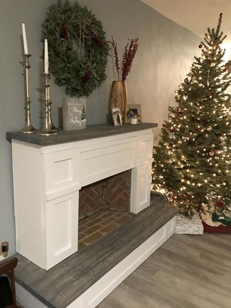 Faux Fireplace With Hearth, Faux Fireplace Background, Faux Hearth Ideas, Faux Fireplace Hearth, Diy Hearth For Fireplace, Harth Fireplace, Raised Hearth Fireplace, Fireplace Framing, Fireplace Headboard