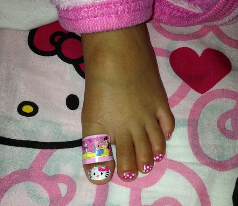 Hello Kitty toe nails on Brielle Kid Pedicure Ideas, Hello Kitty Pedicure, Kids Toenail Designs, Kids Pedicure Ideas, Toddler Nail Ideas, Hello Kitty Toe Nails, Toddler Nail Designs, Nail Designs Cute, Royals Nails