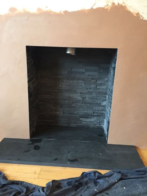 Black Slate Split Face Tile Chamber Fire Chamber Ideas, Split Face Tiles Fireplace, Slate Tile Fireplace, Black Slate Fireplace, Brick Wall Fireplace, Black Tile Fireplace, Gas Fireplace Ideas Living Rooms, Slate Fireplace Surround, Black Fireplace Surround