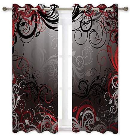 Red And Black Curtains, Black Curtains Bedroom, Black Window Treatments, Pattern Living Room, Black Blackout Curtains, Curtains Window, Kitchen Cafe, Drape Panel, Grey Curtains