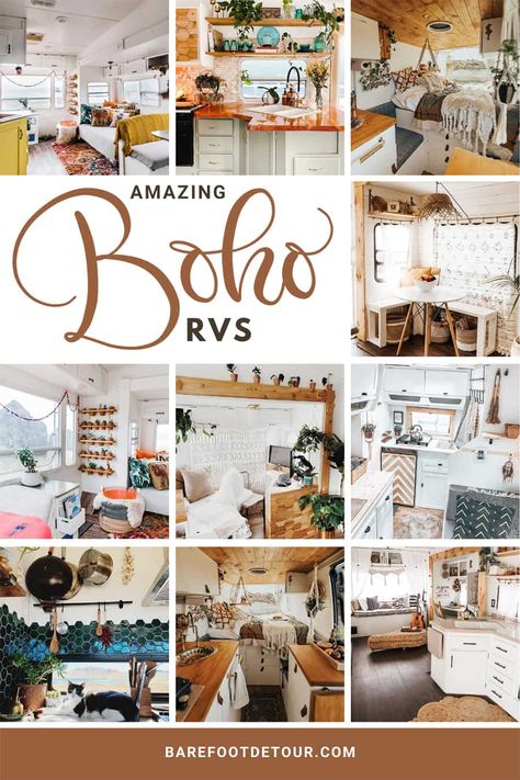 Beautiful Boho RV remodels to inspire your next renovation and make you swoon big time! Bohemian-inspired remodels of fifth wheels, motorhomes, vans and camper trailers. #bohocamper #bohorv #bohorenovation #bohoinspiration #bohovan #bohemianrv #bohemiancamper #bohemiantrailer Rv Redecorating Ideas, Motorhome Renovation Ideas, Colorful Camper Interior, Boho Camper Remodel, Boho Rv, Rv Decorating Ideas, Camper Renovations, Boho Camper, Travel Trailer Decor