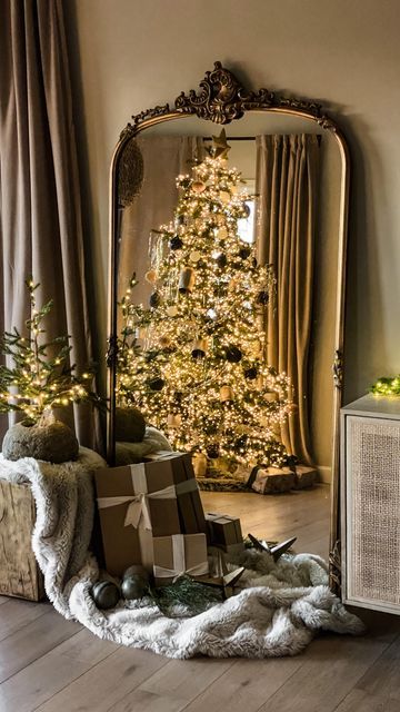 Arhaus Amelie Mirror, Arhaus Amelie Floor Mirror, Arhaus Floor Mirror, Arhaus Christmas Decor, Christmas Tree In Front Of Mirror, Mirror Behind Christmas Tree, Mirror Christmas Decor Ideas, Christmas Mirror Decorations Ideas, Mirror Christmas Decor