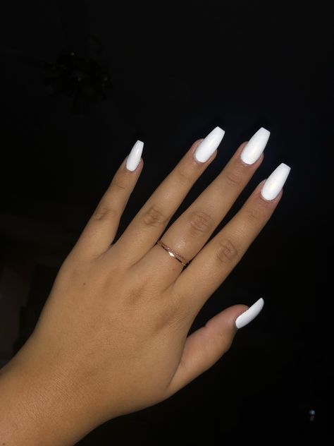 White Coffin Acrylics, White Acrylic Nails With Jewels, Fully White Nails, Plain White Coffin Acrylic Nails, White Short Ballerina Nails, White Acrilyc Nails With Design, Matt White Nails, White Prom Nails Square, Nails All White