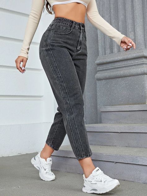 High Waist Mom Fit Jeans | SHEIN USA Traybake Cake, Kids Fashion Wear, Casual Sporty Outfits, Drop Shoulder Coat, Mom Fit Jeans, Mom Pants, Outfits Con Jeans, Mesh Overlay Dress, Trouser Outfits