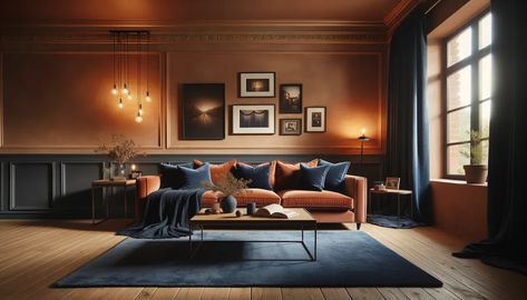 terracotta living room with navy blue accents Room With Navy Blue Accents, Blue And Terracotta Living Room, Bedroom Interior Colour, Terracotta Living Room, Navy Blue Rooms, Navy Living Rooms, Blue Terracotta, Dream Cabin, Peach Tones