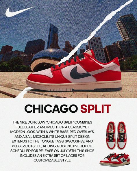 The Nike Dunk Low "Chicago Split" combines full leather and mesh for a classic yet modern look, with a White base, Red overlays, and a Sail midsole. Its unique split design extends to the tongue tags, Swooshes, and rubber outsole, adding a distinctive touch. Scheduled for release on July 15th, this shoe includes an extra set of laces for customizable style. #Nike #NikeDunk #Chicago #topsnadbottoms Chicago Split Dunks, Nike Dunk Low Chicago Split, Starboy Lifestyle, Nike Ad, Room Deco, Split Design, Nike Sb Dunks, Blue Nike, Nike Dunk Low