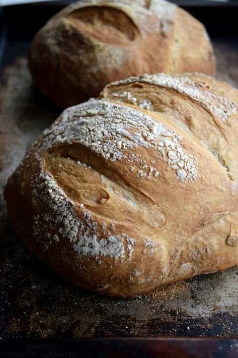 Boule (Artisan Free-Form Loaf) - Living The Gourmet French Bread And Olive Oil, Rustic French Bread Recipe, One Hour French Bread Recipe, Boule Bread Recipe, Artisan French Bread Recipe, Boule Recipe, Crusty French Bread Recipe Baguette, Handmade Farmhouse French Bread, Homemade Baked Bread