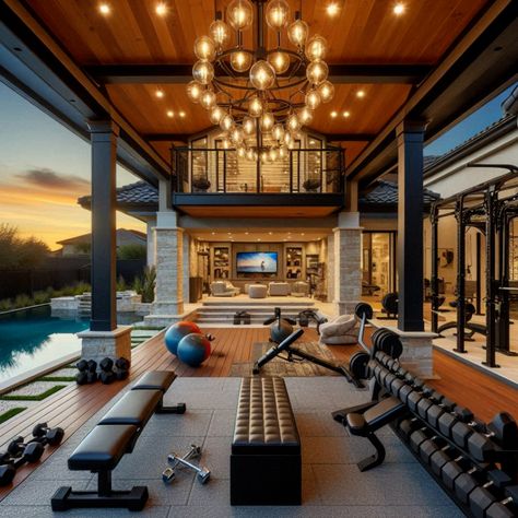 Discover custom home gym designs with outdoor pools and workout areas. Perfect for fitness enthusiasts seeking a luxurious outdoor experience. #PoolParty #SwimmingPool #PoolTime Home Gym Luxury, Home Gym Design Luxury, Gym Luxury, Patio Landscape Design, Fitness Space, Pool Plants, Outdoor Pool Area, Backyard House, Gym Interior