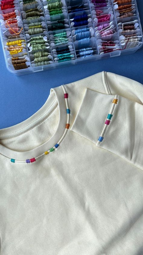 Jenny ~ Embroidery Art, Design & Crafts | Adding some simple colour blocks to my daughter’s sweatshirt. You could use so many colour combinations for this. Pastels, brights, neons,... | Instagram Embroidery Shirt Men, Embroidery Shirts, Learning To Embroider, Denim Embroidery, Embroidery Shirt, Beads Embroidery, Border Embroidery, Sequin Embroidery, Embroidery Sweatshirt