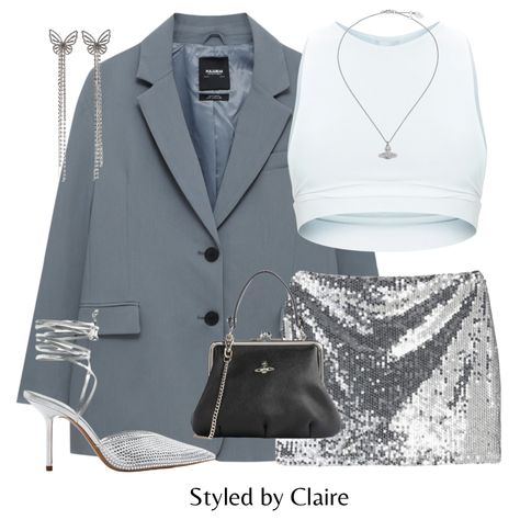 Black White And Silver Outfits, Outfits With Silver Heels, Black And Silver Outfits For Women, Silver Outfit Party, Blazer Night Out Outfit, Silver And White Outfit, Silver Top Outfit, White And Silver Outfit, Silver Party Outfit