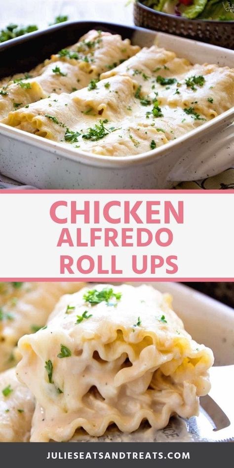 Delicious Lasagna Roll Ups filled with Chicken, Alfredo Sauce and Cheese! These Chicken Alfredo Roll Ups are a delicious dinner recipe that the entire family will love. Plus, they are a great freezer meal! #lasagna #recipe Chicken Alfredo Rolls, Chicken Alfredo Roll Ups, Alfredo Roll Ups, Fetuccini Alfredo, Lasagne Roll Ups, Delicious Lasagna, Salsa Alfredo, Chicken Alfredo Lasagna, Alfredo Lasagna