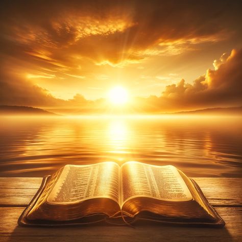 A serene and inspiring image depicting a radiant, golden sunrise over a tranquil sea, symbolizing hope and reassurance. In the foreground, a well-worn, open Bible rests on a simple wooden table, its pages gently ruffled by a soft breeze. The warm, golden light of the sunrise bathes the scene, casting a divine glow over the Bible, which serves as a metaphor for God's promise and guidance in... Open Bible Image, Love In Bible, Simple Wooden Table, Biblical Affirmations, Golden Sunrise, Open Bible, Church Images, Church Aesthetic, Book Of Job