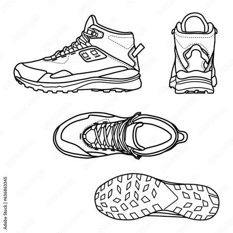 Technical drawings of Men's work Leather boot shoes outline vector in top, side, bottom and back view, Isolated on white background. Template vector illustration for your leather boots shoes design Shoes Front View, How To Draw Shoes, White Background Template, Technical Drawings, Background Template, Shoes Drawing, Boot Shoes, Shoes Design, Line Art Design