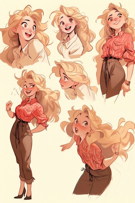 Character Growing Up Drawing, Character Inspiration Poses, Multiple Poses Drawing, Haircut Art Drawing, Confident Woman Drawing, Motherly Character Design, Excited Character Pose, Realistic Illustration Style, Character Design Comic Style