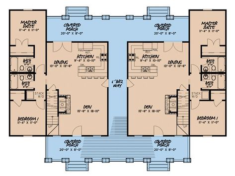 1st Floor Plan, 074M-0001 Country Bungalow, Mil Suite, Dog Trot House, Architect Ideas, Multigenerational House Plans, Multigenerational House, Farmhouse Craftsman, Duplex Floor Plans, Craftsman Farmhouse