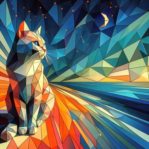 Low poly cats digital minimalism Symmetric Painting, Diwali Painting, Abstract Art Quilt, Geometric Art Animal, Digital Minimalism, Geometric Portrait, Wall Street Art, Geometric Cat, Cubism Art