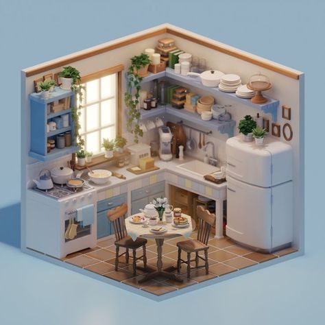 "Morning" Isometric scene made in Blender By Mia Marié Boas on ArtStation Habbo Hotel, Isometric Art, Sims House Design, Blender Tutorial, Isometric Design, Cozy Kitchen, 3d Modelling, Sims House, Blender 3d