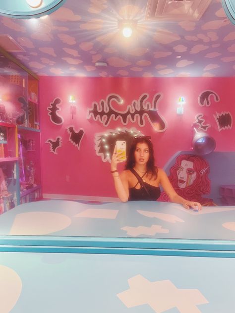 colorful background, art instilation, sitting down at mirror Face Edit, Wolf Poses, Meow Wolf, Modeling Tips, Mirror Pic, Denver, Cool Girl, Neon Signs, Mirror