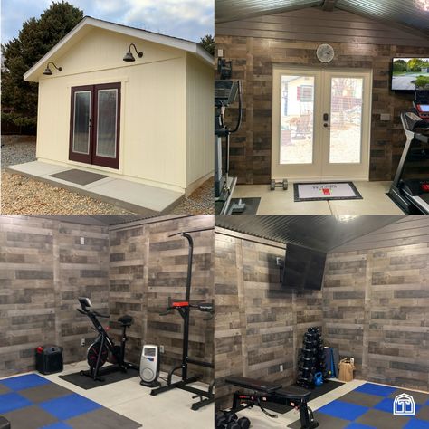 Looking for a home workout? This home gym is the perfect inspiration. Work out from home with your own home gym. This Tuff Shed garage is finished out with rubber mats, exercise equipment, and plenty of flatscreens to make for one great home gym. This backyard gym is a great way to stay in shape at home, whether you have a set weekly fitness routine or just want to get in some exercise a few days a week. Get in shape with a home gym right in your backyard. 2 Car Garage Home Gym, Tuff Shed Home Gym, Backyard Shed Gym, Workout Shed Backyard, Gym Shed Ideas, Shed Home Gym, Exercise Shed, Backyard Gym Shed, Workout Shed