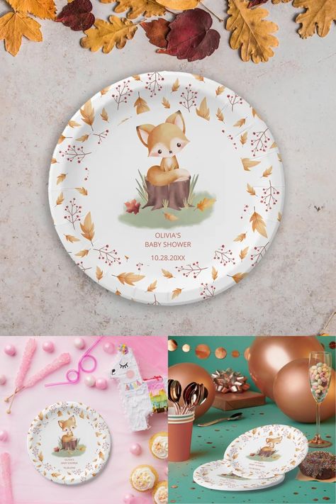 Woodland Autumn Baby Fox Baby Shower Paper Plates Adorable woodland autumn design featuring watercolor baby fox, autimn leaves and fall pattern on the backside. This design is gender neutral and can work for both baby girls and boys. You can add your own details very easily by using the template field. Woodland Autumn, Fox Baby Shower, Fox Baby, Autumn Design, Fall Patterns, Baby Fox, Fall Design, Paper Plates