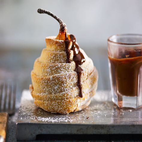 Wrap sweet, juicy pears snugly inside buttery pastry and drizzle with a rich chocolate sauce. Swoon! Pear Pie, Pear Dessert, Pear Recipes, Chocolate Sauce, Homes And Gardens, Fruit Desserts, Fruit Recipes, Pavlova, Better Homes And Gardens