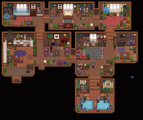 Stardew Cabin Layout, Stardew Valley Dark House, Stardew Valley House Interior Witchy, Stardew Valley House Interior Ideas Dark, Stardew Valley House Interior Simple, Stardew Valley House Interior Sebastian, Stardew Valley Spouse Rooms, Stardew Living Room Ideas, Stardew Valley Living Room Design