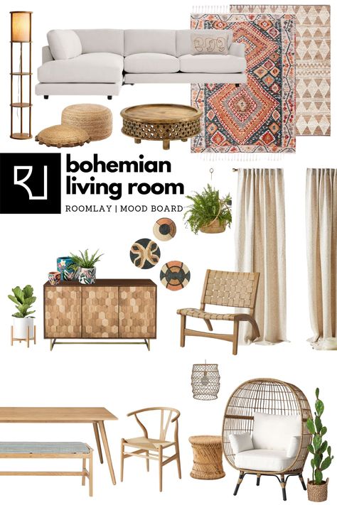 We created bohemian furniture mood board; Boho Rug / Boho Planter / Bohemian Furniture / Bohemian Decor / Boho Ottoman / Boho Dining Set #bohomoodboard #boholivingroom Boho Mood Board Living Room, Bohemian Living Room Mood Board, Rug Mood Board, Bohemian Furniture Living Room, Bohemian Style Interior Design Mood Board, Bohemian Style Mood Board, Bohemian Interior Design Mood Board, Boho Interior Mood Board, Bohemian Mood Board Interior