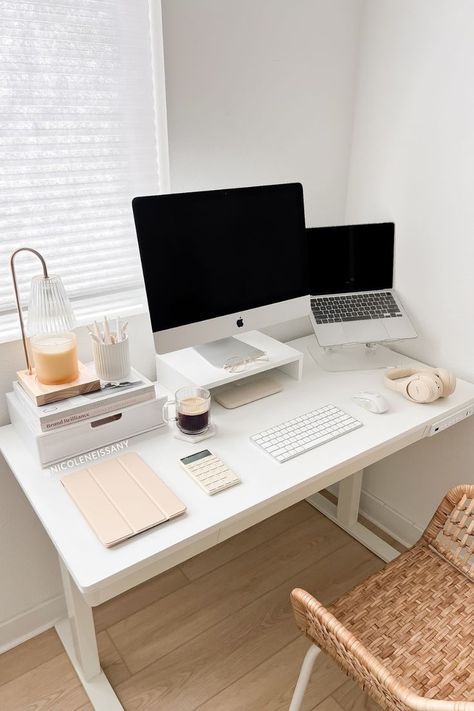 neutral minimalist aesthetic work from home set up Desk Inspiration Office, Neutral Minimalist Aesthetic, Wfh Desk Setup, Neutral Home Office, Aesthetic Work From Home, Home Office Desk Setup, Aesthetic Workspace, Office Desk Setup, Office Decor Workplace